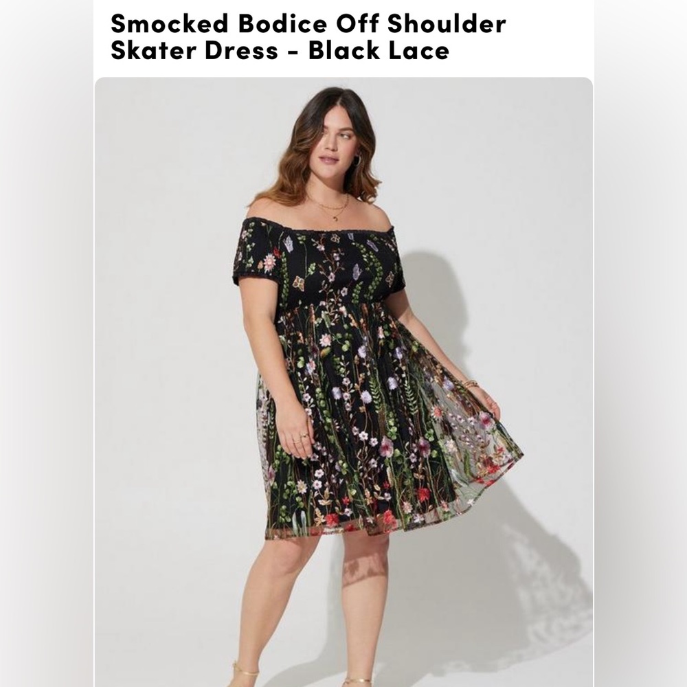 Smocked Bodice Off Shoulder Skater Dress - Black Lace Size 0